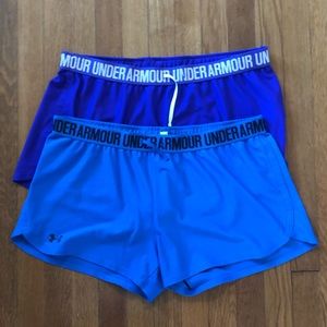 2 under armour play up shorts blue and purple